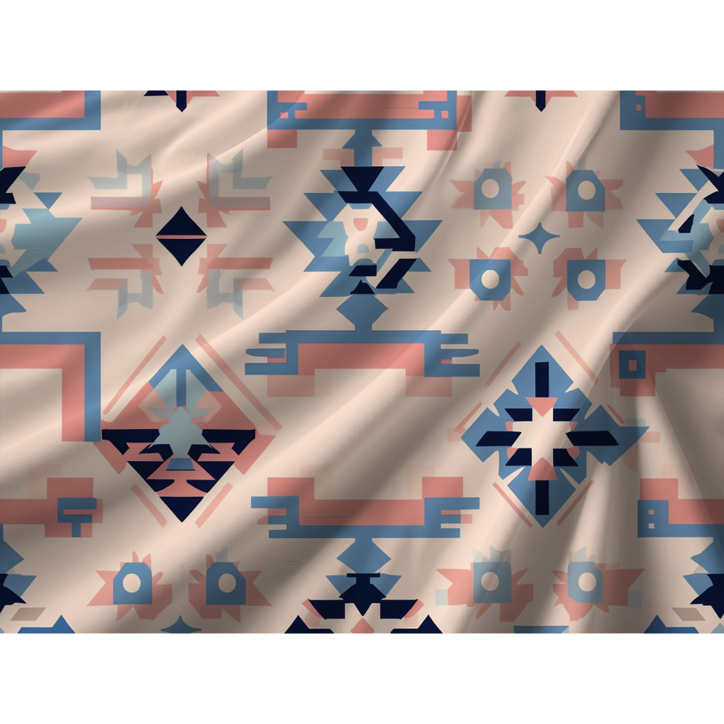 Close-up of pink blue and navy geometric duvet cover pattern