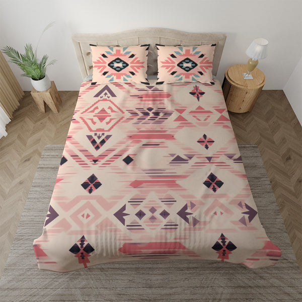 Duvet cover with matching Pillow cases | Luxury Bedding set | Twin, Queen, King Sizes | Boho Geometric Peach Pink