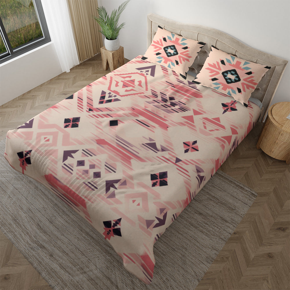 Boho geometric duvet cover set in peach pink navy and cream