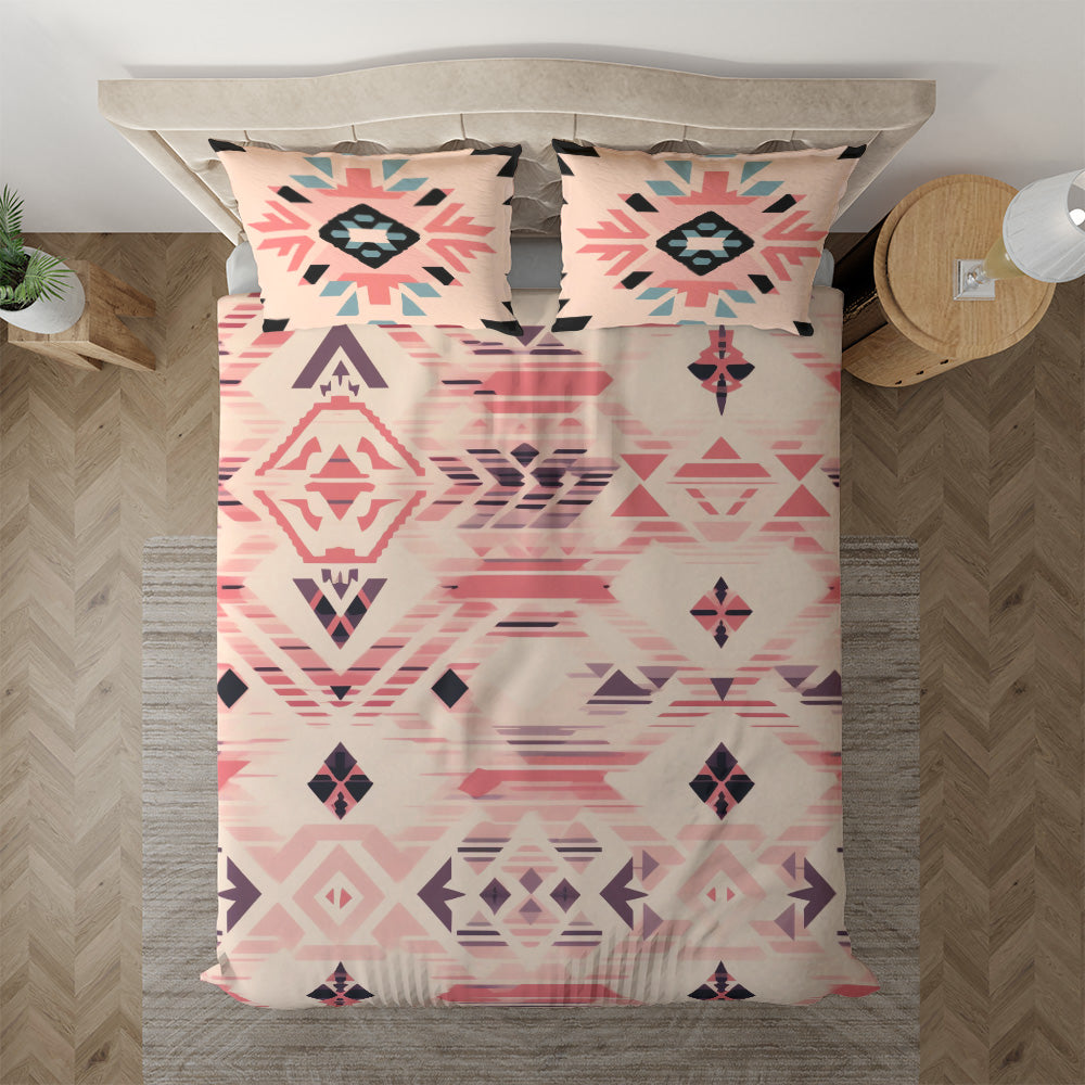 Peach geometric bedding set styled on a bedroom bed