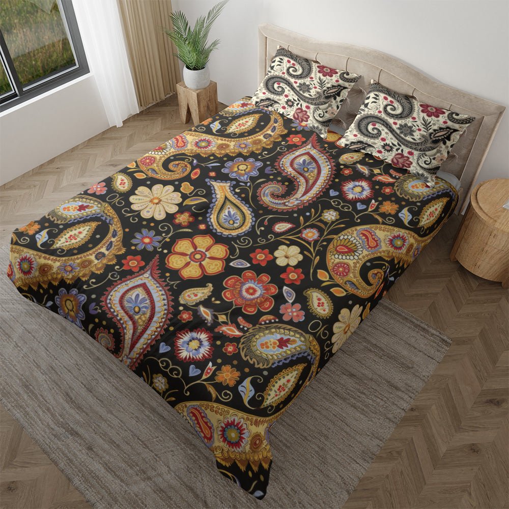 Boho Floral Paisley bedding displayed at an angle on a bed