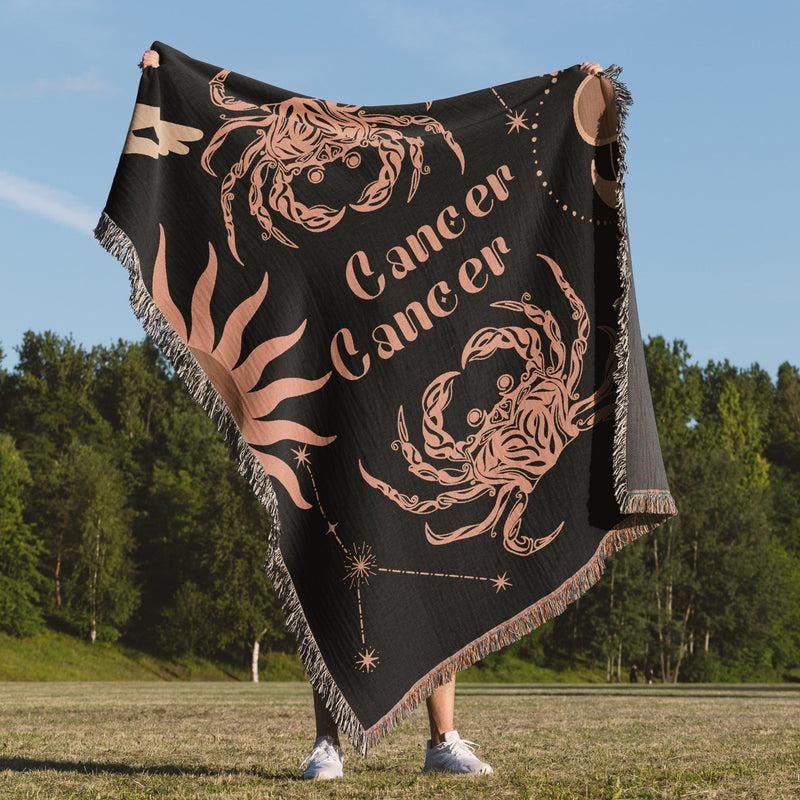 Cancer and Cancer Zodiac Compatibility Woven Throw Tapestry - Elevate home decor with this boho-inspired, celestial charm blanket. Perfect for astrology enthusiasts, featuring Cancer and Cancer sun signs, adding unique, artistic flair to your living space. Premium cotton, cozy, and decorative.