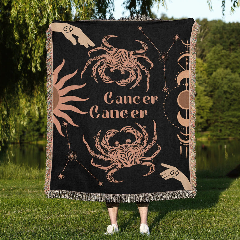 Cancer and Cancer Zodiac Compatibility Woven Throw Tapestry - Elevate home decor with this boho-inspired, celestial charm blanket. Perfect for astrology enthusiasts, featuring Cancer and Cancer sun signs, adding unique, artistic flair to your living space. Premium cotton, cozy, and decorative.