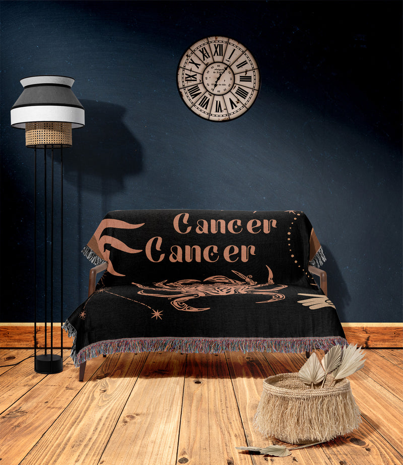 Cancer and Cancer Zodiac Compatibility Woven Throw Tapestry - Elevate home decor with this boho-inspired, celestial charm blanket. Perfect for astrology enthusiasts, featuring Cancer and Cancer sun signs, adding unique, artistic flair to your living space. Premium cotton, cozy, and decorative.