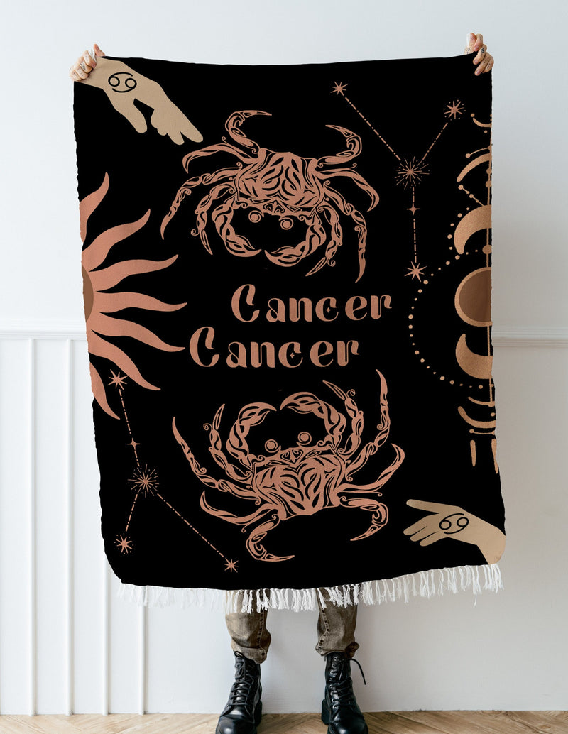 Cancer and Cancer Zodiac Compatibility Woven Throw Tapestry - Elevate home decor with this boho-inspired, celestial charm blanket. Perfect for astrology enthusiasts, featuring Cancer and Cancer sun signs, adding unique, artistic flair to your living space. Premium cotton, cozy, and decorative.