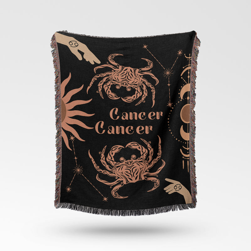 Cancer and Cancer Zodiac Compatibility Woven Throw Tapestry - Elevate home decor with this boho-inspired, celestial charm blanket. Perfect for astrology enthusiasts, featuring Cancer and Cancer sun signs, adding unique, artistic flair to your living space. Premium cotton, cozy, and decorative.