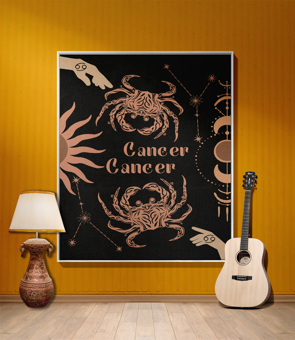 Cancer and Cancer Zodiac Compatibility Woven Throw Tapestry - Elevate home decor with this boho-inspired, celestial charm blanket. Perfect for astrology enthusiasts, featuring Cancer and Cancer sun signs, adding unique, artistic flair to your living space. Premium cotton, cozy, and decorative.