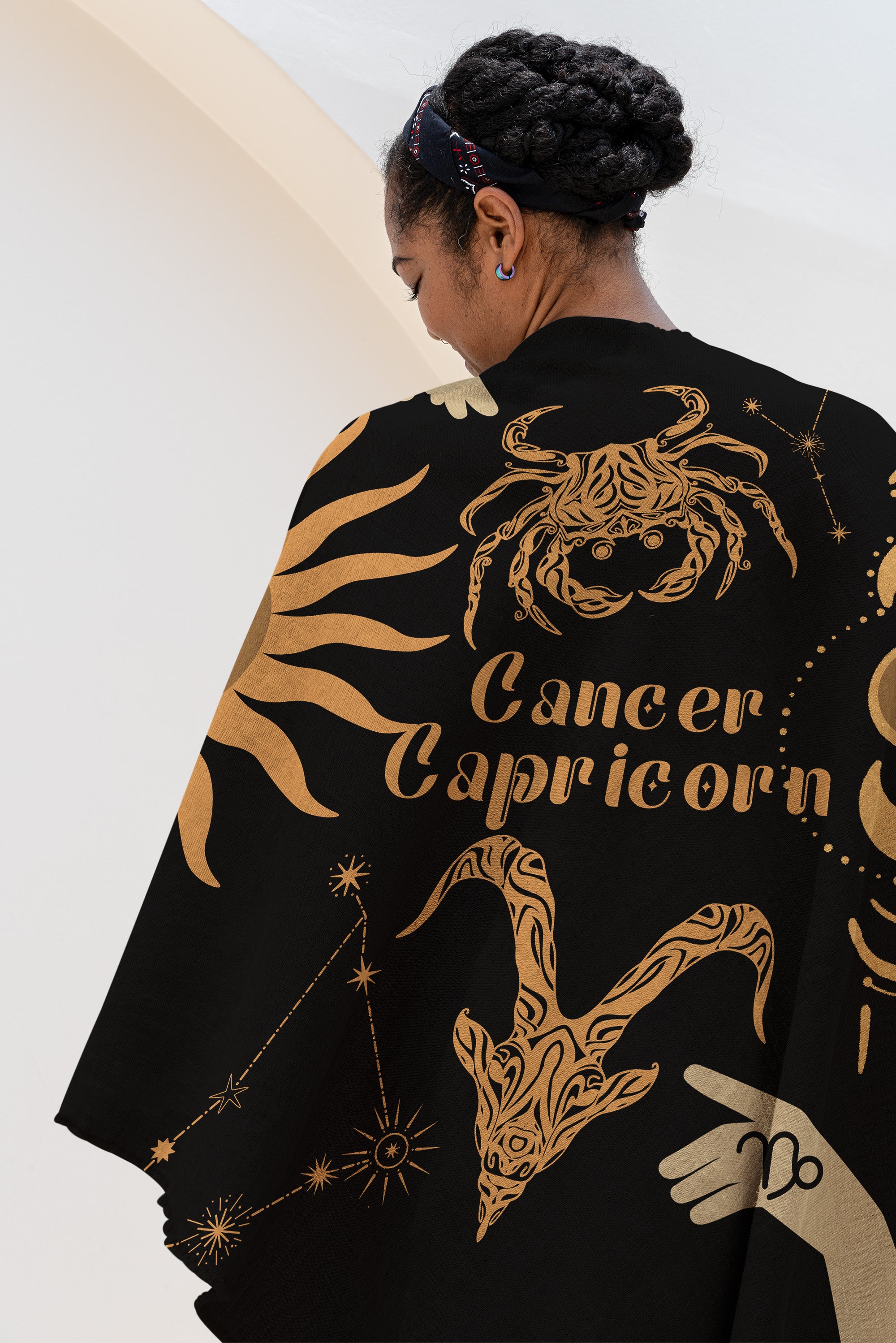 Cancer and Capricorn Zodiac Compatibility Woven Throw Tapestry - Elevate home decor with this boho-inspired, celestial charm blanket. Perfect for astrology enthusiasts, featuring Aries and Scorpio sun signs, adding unique, artistic flair to your living space. Premium cotton, cozy, and decorative.