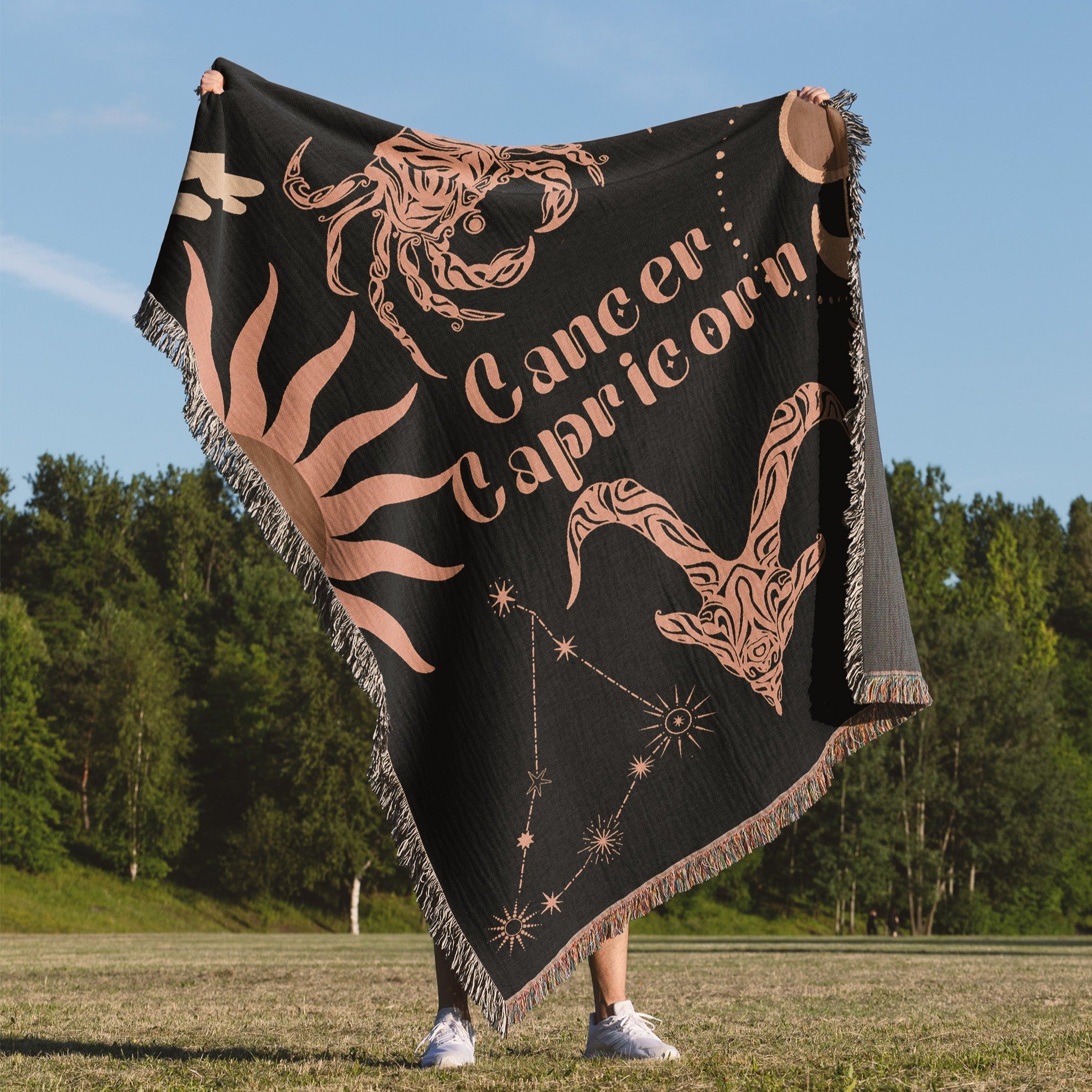 Cancer and Capricorn Zodiac Compatibility Woven Throw Tapestry - Elevate home decor with this boho-inspired, celestial charm blanket. Perfect for astrology enthusiasts, featuring Aries and Scorpio sun signs, adding unique, artistic flair to your living space. Premium cotton, cozy, and decorative.