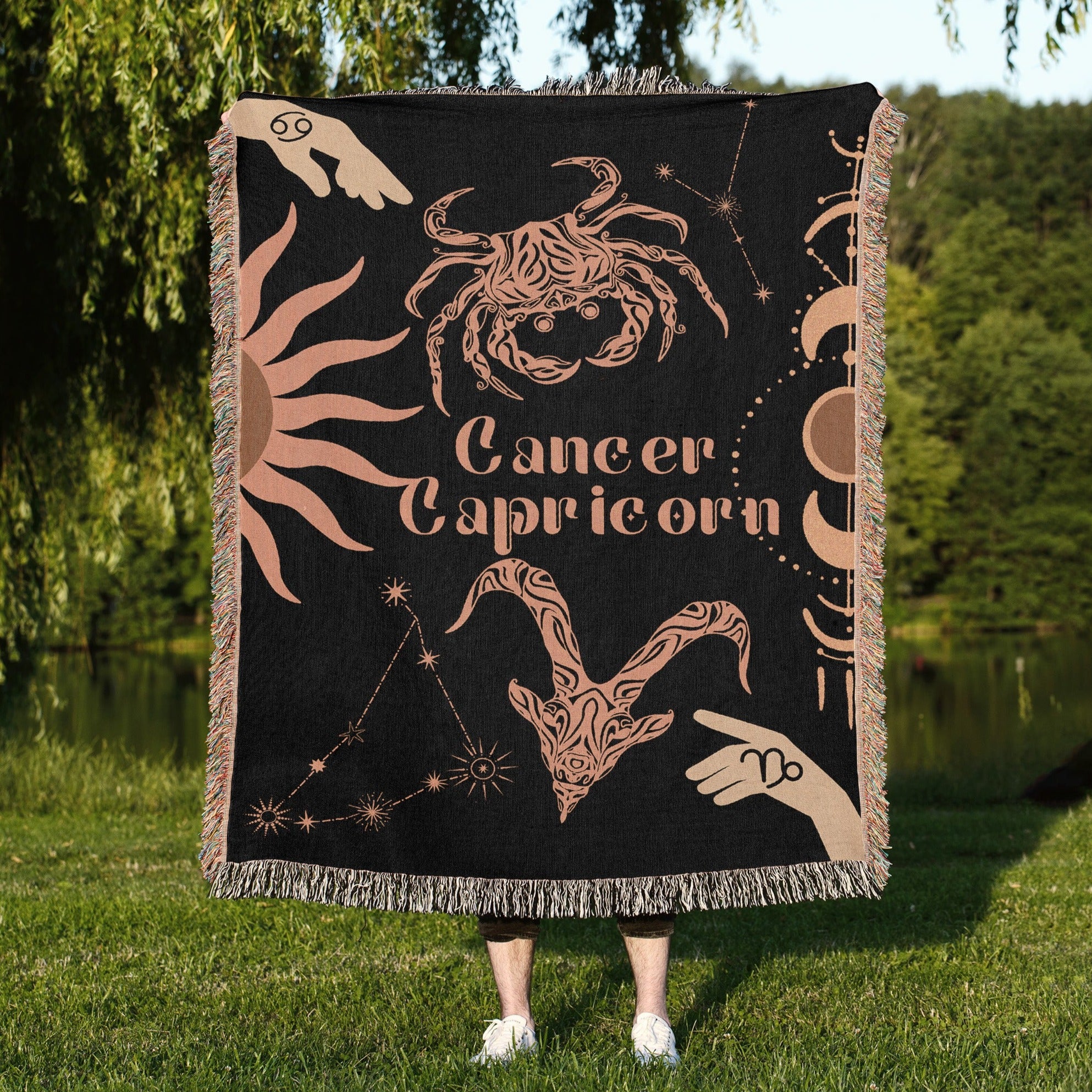 Cancer and Capricorn Zodiac Compatibility Woven Throw Tapestry - Elevate home decor with this boho-inspired, celestial charm blanket. Perfect for astrology enthusiasts, featuring Aries and Scorpio sun signs, adding unique, artistic flair to your living space. Premium cotton, cozy, and decorative.