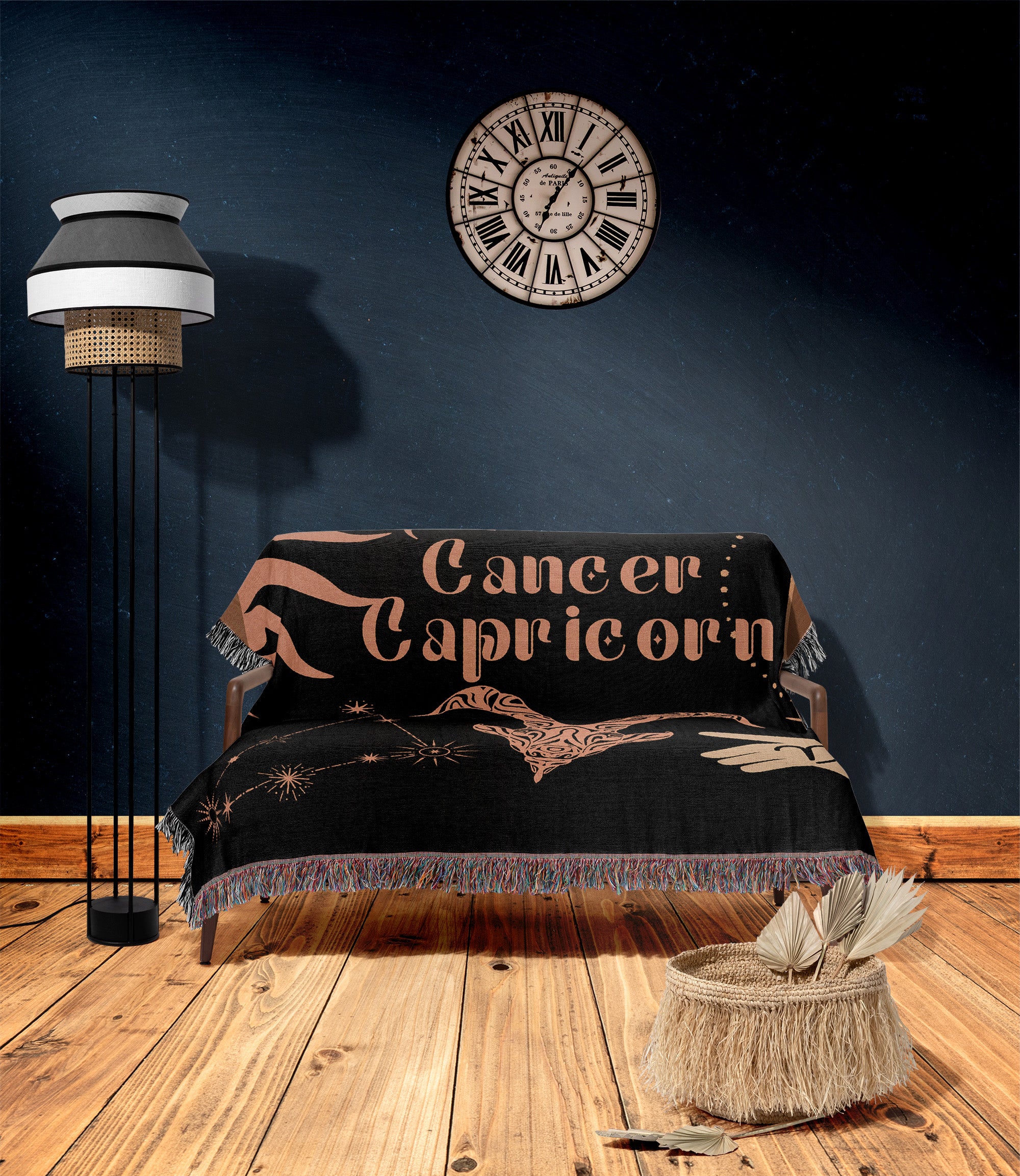 Cancer and Capricorn Zodiac Compatibility Woven Throw Tapestry - Elevate home decor with this boho-inspired, celestial charm blanket. Perfect for astrology enthusiasts, featuring Aries and Scorpio sun signs, adding unique, artistic flair to your living space. Premium cotton, cozy, and decorative.
