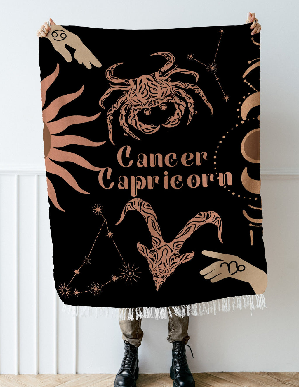 Cancer and Capricorn Zodiac Compatibility Woven Throw Tapestry - Elevate home decor with this boho-inspired, celestial charm blanket. Perfect for astrology enthusiasts, featuring Aries and Scorpio sun signs, adding unique, artistic flair to your living space. Premium cotton, cozy, and decorative.