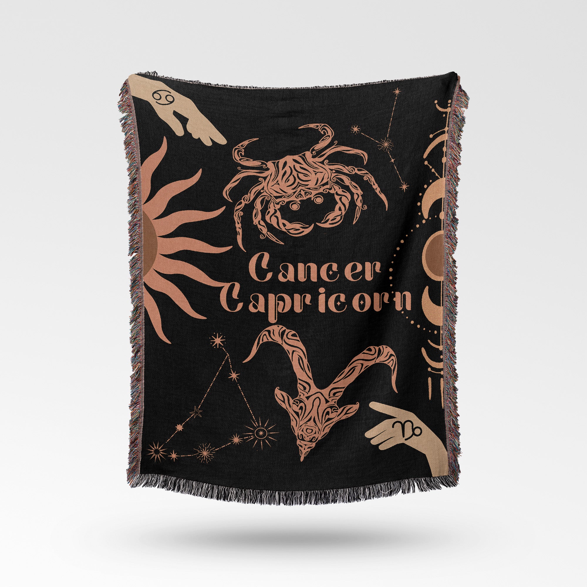 Cancer and Capricorn Zodiac Compatibility Woven Throw Tapestry - Elevate home decor with this boho-inspired, celestial charm blanket. Perfect for astrology enthusiasts, featuring Aries and Scorpio sun signs, adding unique, artistic flair to your living space. Premium cotton, cozy, and decorative.