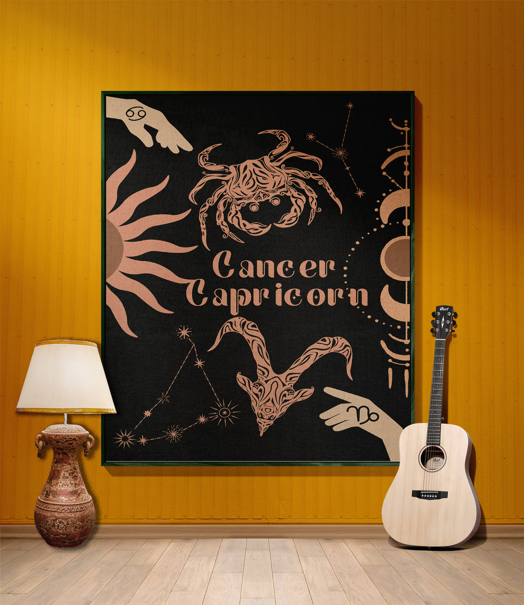Cancer and Capricorn Zodiac Compatibility Woven Throw Tapestry - Elevate home decor with this boho-inspired, celestial charm blanket. Perfect for astrology enthusiasts, featuring Aries and Scorpio sun signs, adding unique, artistic flair to your living space. Premium cotton, cozy, and decorative.