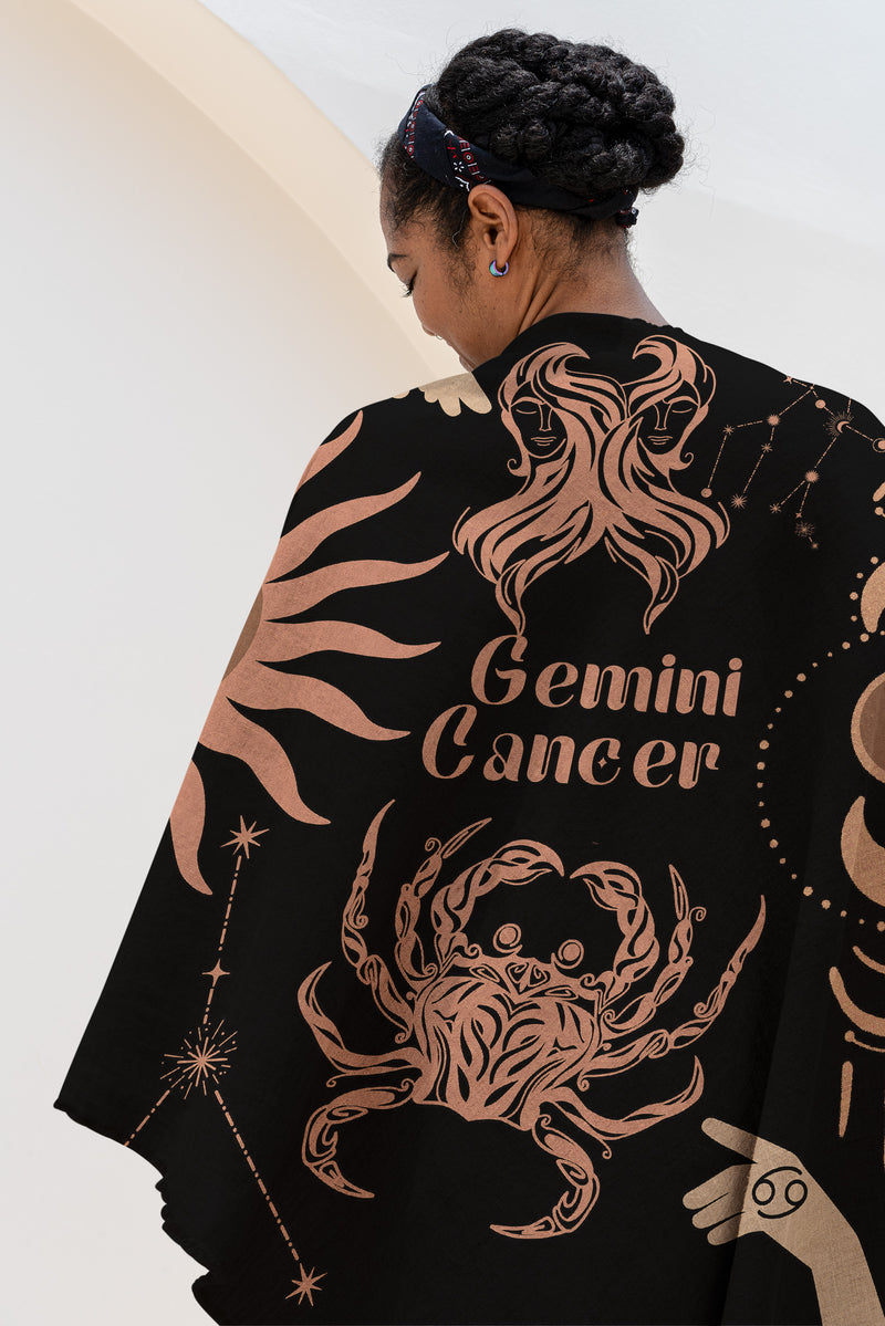 Cancer and Gemini Zodiac Compatibility Woven Throw Tapestry - Elevate home decor with this boho-inspired, celestial charm blanket. Perfect for astrology enthusiasts, featuring Aries and Gemini sun signs, adding unique, artistic flair to your living space. Premium cotton, cozy, and decorative.