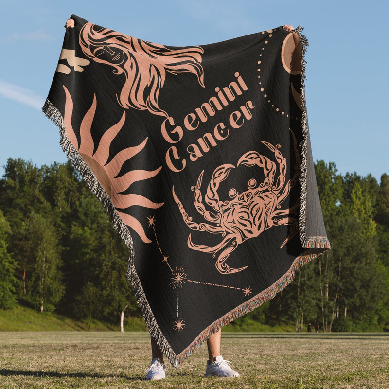 Cancer and Gemini Zodiac Compatibility Woven Throw Tapestry - Elevate home decor with this boho-inspired, celestial charm blanket. Perfect for astrology enthusiasts, featuring Aries and Gemini sun signs, adding unique, artistic flair to your living space. Premium cotton, cozy, and decorative.