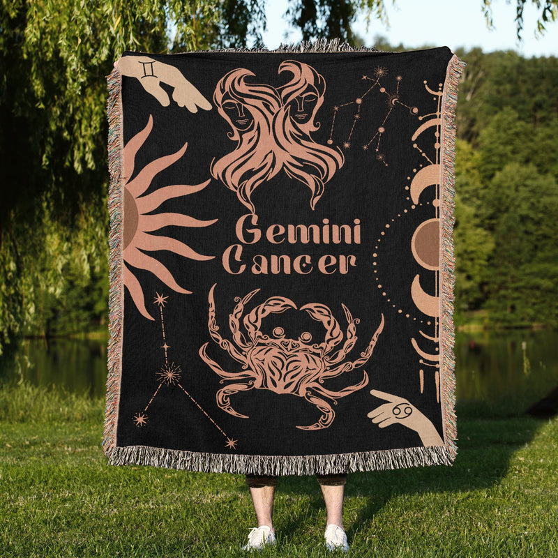 Cancer and Gemini Zodiac Compatibility Woven Throw Tapestry - Elevate home decor with this boho-inspired, celestial charm blanket. Perfect for astrology enthusiasts, featuring Aries and Gemini sun signs, adding unique, artistic flair to your living space. Premium cotton, cozy, and decorative.