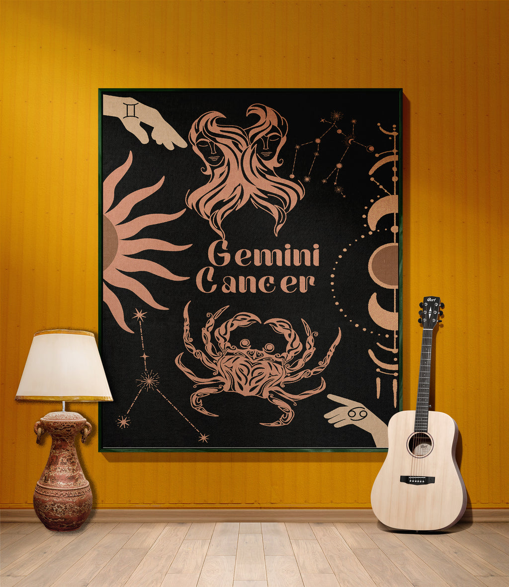 Cancer and Gemini Zodiac Compatibility Woven Throw Tapestry - Elevate home decor with this boho-inspired, celestial charm blanket. Perfect for astrology enthusiasts, featuring Aries and Gemini sun signs, adding unique, artistic flair to your living space. Premium cotton, cozy, and decorative.