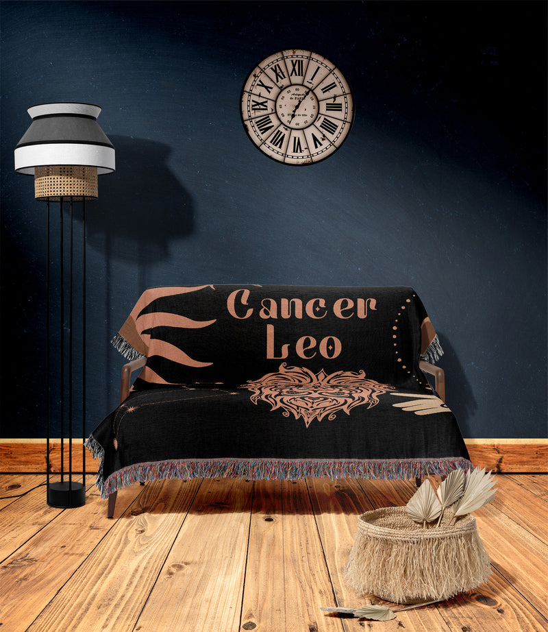 Cancer and Leo Zodiac Compatibility Woven Throw Tapestry - Elevate home decor with this boho-inspired, celestial charm blanket. Perfect for astrology enthusiasts, featuring Aries and Scorpio sun signs, adding unique, artistic flair to your living space. Premium cotton, cozy, and decorative.