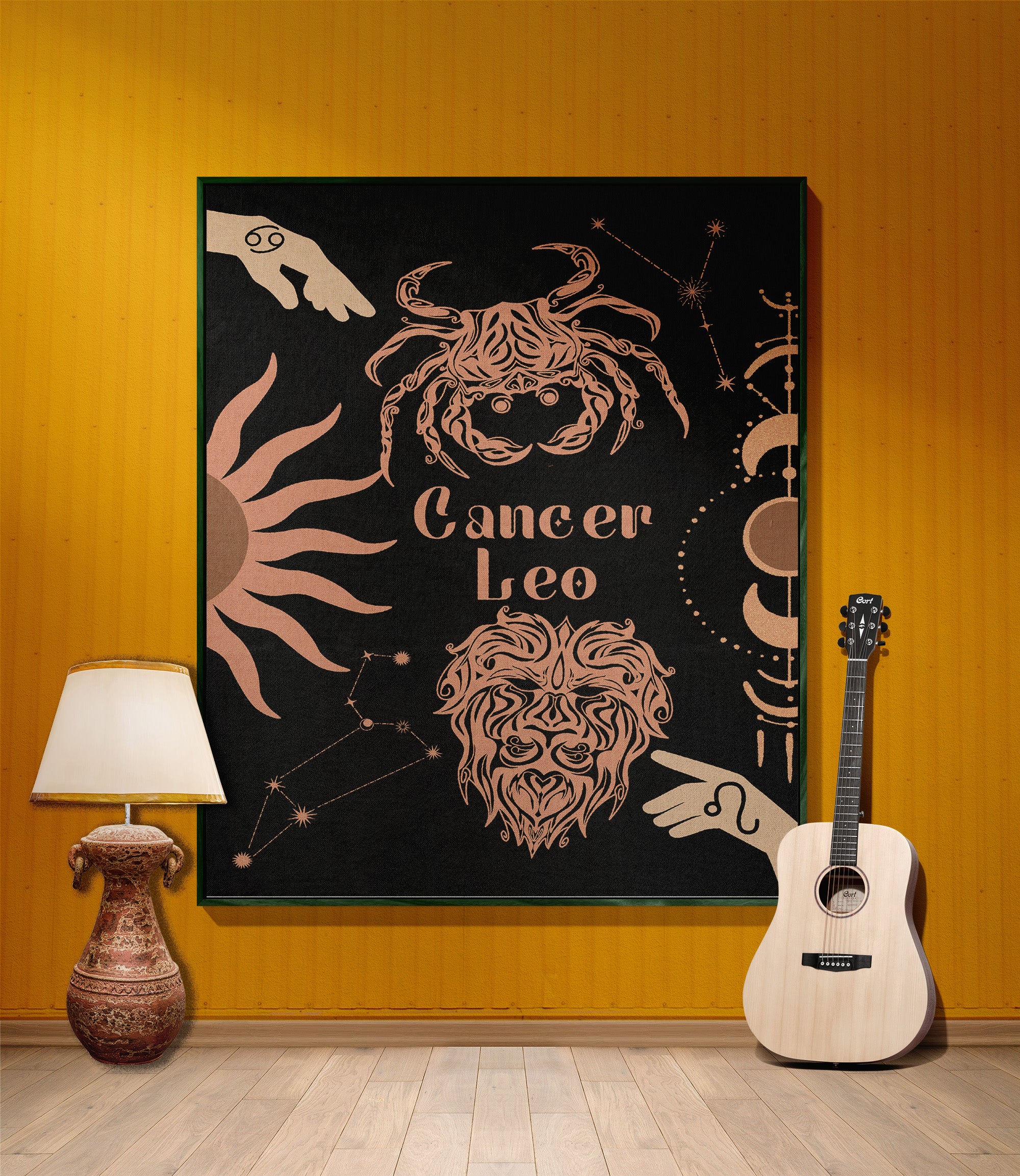 Cancer and Leo Zodiac Compatibility Woven Throw Tapestry - Elevate home decor with this boho-inspired, celestial charm blanket. Perfect for astrology enthusiasts, featuring Aries and Scorpio sun signs, adding unique, artistic flair to your living space. Premium cotton, cozy, and decorative.