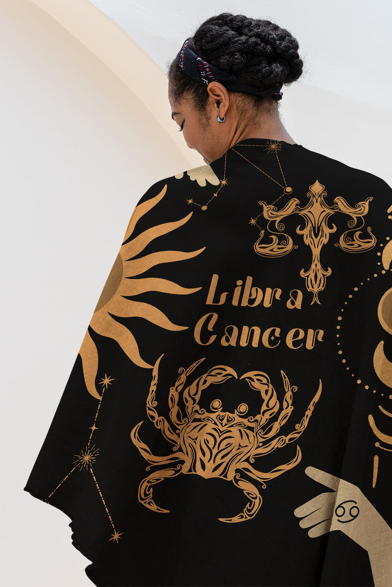 Cancer and Libra Zodiac Compatibility Woven Throw Tapestry - Elevate home decor with this boho-inspired, celestial charm blanket. Perfect for astrology enthusiasts, featuring Cancer and Libra sun signs, adding unique, artistic flair to your living space. Premium cotton, cozy, and decorative.