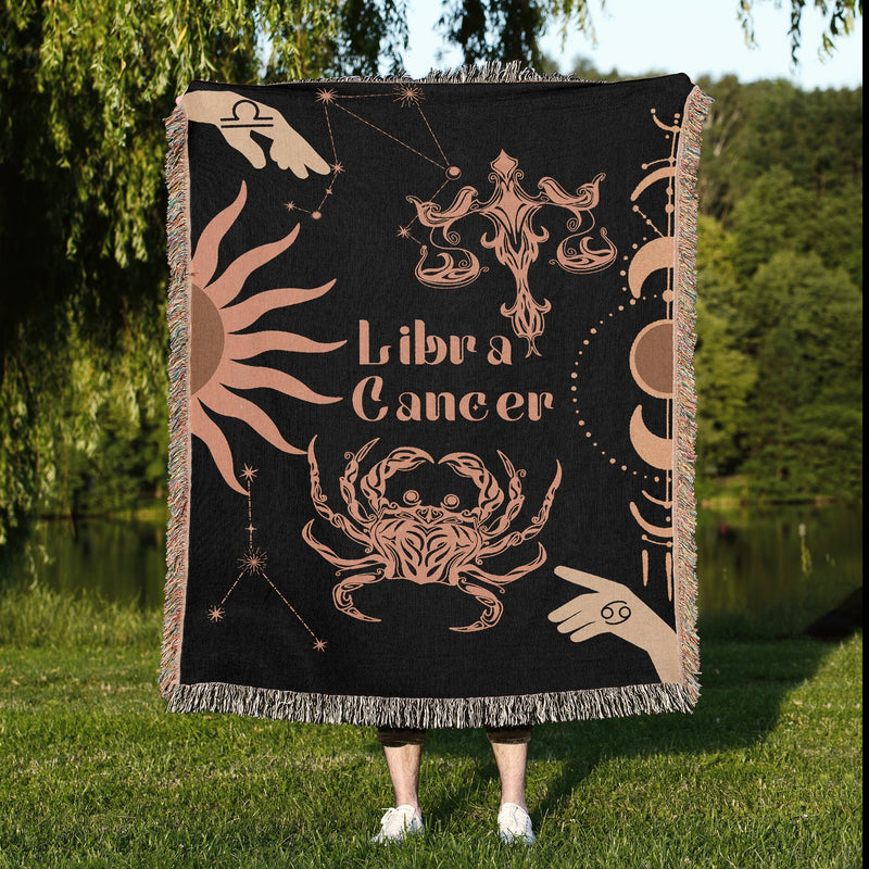 Cancer and Libra Zodiac Compatibility Woven Throw Tapestry - Elevate home decor with this boho-inspired, celestial charm blanket. Perfect for astrology enthusiasts, featuring Cancer and Libra sun signs, adding unique, artistic flair to your living space. Premium cotton, cozy, and decorative.