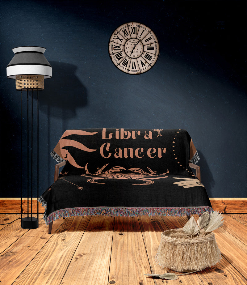 Cancer and Libra Zodiac Compatibility Woven Throw Tapestry - Elevate home decor with this boho-inspired, celestial charm blanket. Perfect for astrology enthusiasts, featuring Cancer and Libra sun signs, adding unique, artistic flair to your living space. Premium cotton, cozy, and decorative.