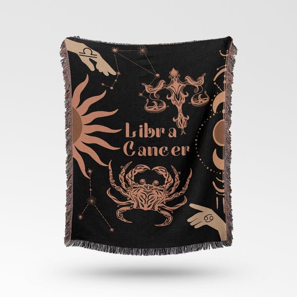 Cancer and Libra Zodiac Compatibility Woven Throw Tapestry - Elevate home decor with this boho-inspired, celestial charm blanket. Perfect for astrology enthusiasts, featuring Cancer and Libra sun signs, adding unique, artistic flair to your living space. Premium cotton, cozy, and decorative.