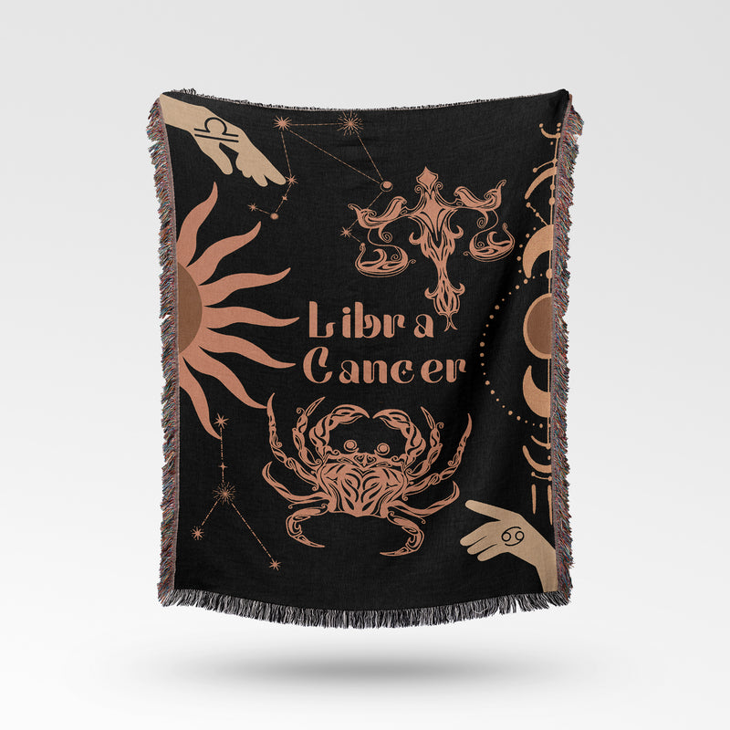 Cancer and Libra Zodiac Compatibility Woven Throw Tapestry - Elevate home decor with this boho-inspired, celestial charm blanket. Perfect for astrology enthusiasts, featuring Cancer and Libra sun signs, adding unique, artistic flair to your living space. Premium cotton, cozy, and decorative.