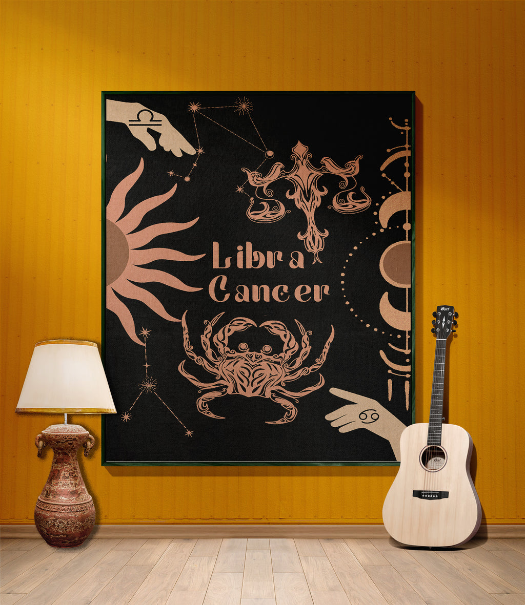 Cancer and Libra Zodiac Compatibility Woven Throw Tapestry - Elevate home decor with this boho-inspired, celestial charm blanket. Perfect for astrology enthusiasts, featuring Cancer and Libra sun signs, adding unique, artistic flair to your living space. Premium cotton, cozy, and decorative.