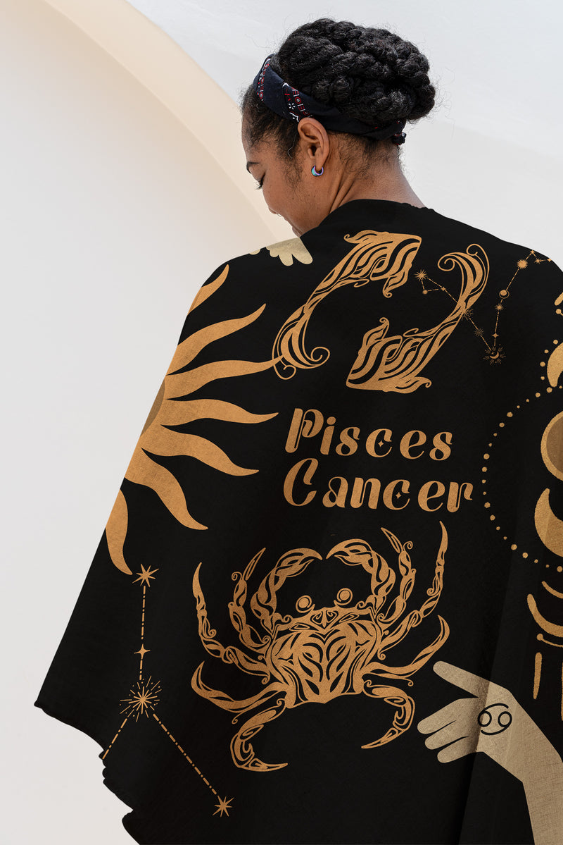 Cancer and Pisces Zodiac Compatibility Woven Throw Tapestry - Elevate home decor with this boho-inspired, celestial charm blanket. Perfect for astrology enthusiasts, featuring Cancer and Pisces sun signs, adding unique, artistic flair to your living space. Premium cotton, cozy, and decorative.