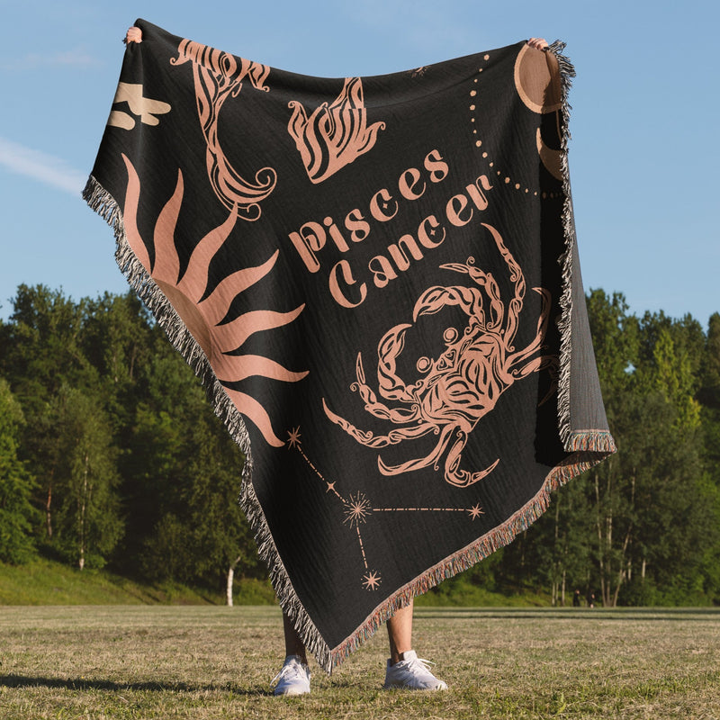 Cancer and Pisces Zodiac Compatibility Woven Throw Tapestry - Elevate home decor with this boho-inspired, celestial charm blanket. Perfect for astrology enthusiasts, featuring Cancer and Pisces sun signs, adding unique, artistic flair to your living space. Premium cotton, cozy, and decorative.