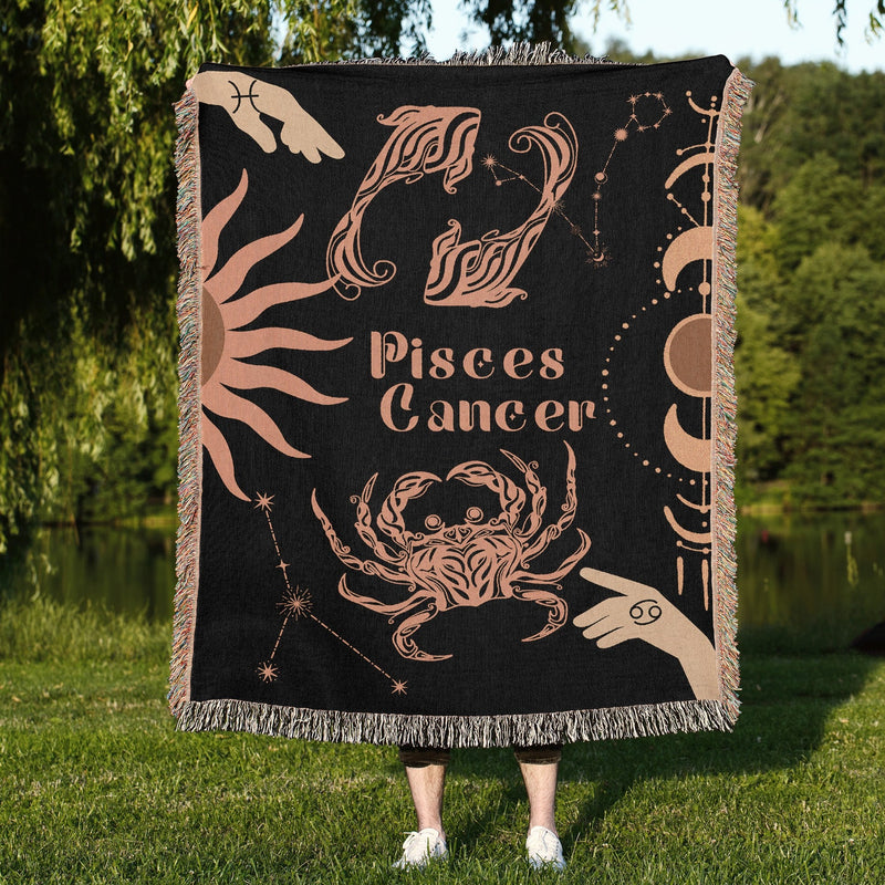 Cancer and Pisces Zodiac Compatibility Woven Throw Tapestry - Elevate home decor with this boho-inspired, celestial charm blanket. Perfect for astrology enthusiasts, featuring Cancer and Pisces sun signs, adding unique, artistic flair to your living space. Premium cotton, cozy, and decorative.