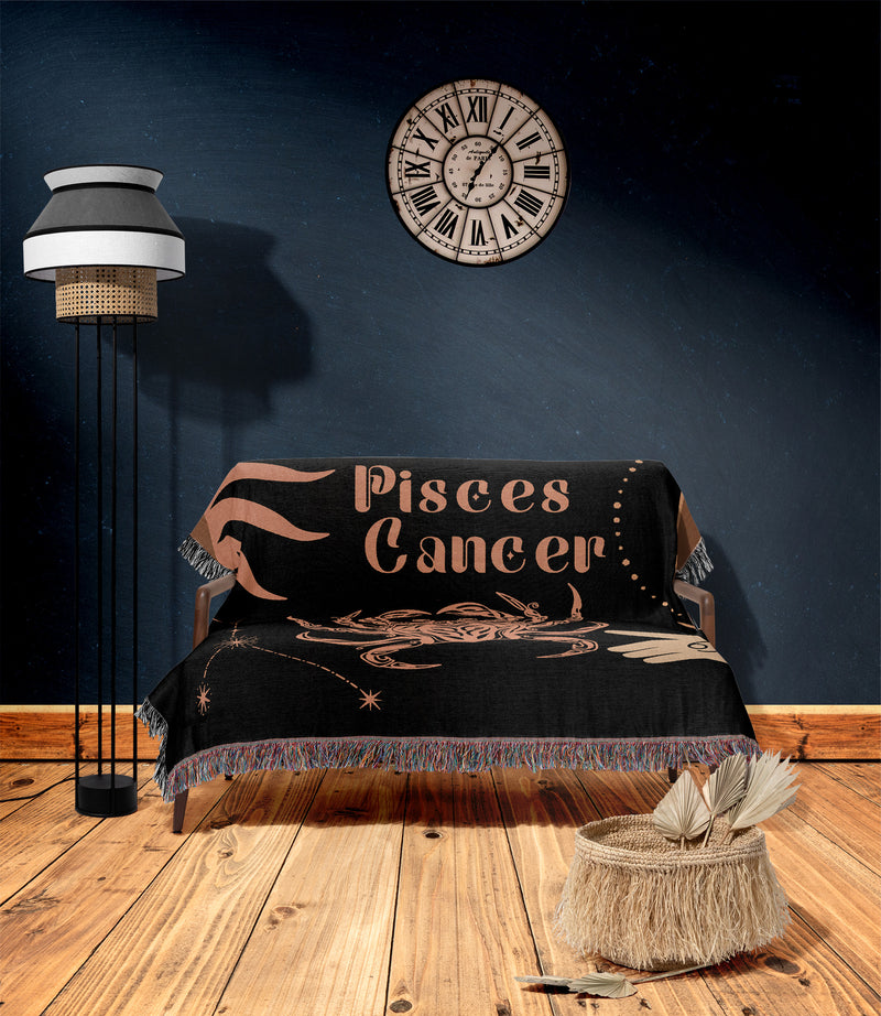 Cancer and Pisces Zodiac Compatibility Woven Throw Tapestry - Elevate home decor with this boho-inspired, celestial charm blanket. Perfect for astrology enthusiasts, featuring Cancer and Pisces sun signs, adding unique, artistic flair to your living space. Premium cotton, cozy, and decorative.