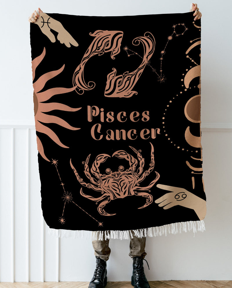 Cancer and Pisces Zodiac Compatibility Woven Throw Tapestry - Elevate home decor with this boho-inspired, celestial charm blanket. Perfect for astrology enthusiasts, featuring Cancer and Pisces sun signs, adding unique, artistic flair to your living space. Premium cotton, cozy, and decorative.