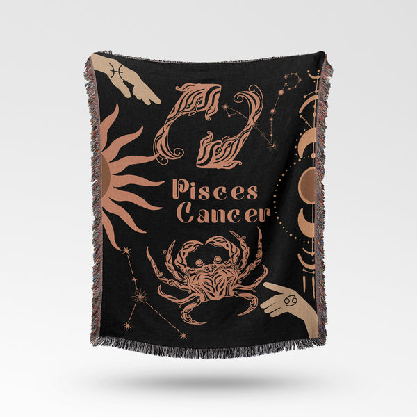 Cancer and Pisces Zodiac Compatibility Woven Throw Tapestry - Elevate home decor with this boho-inspired, celestial charm blanket. Perfect for astrology enthusiasts, featuring Cancer and Pisces sun signs, adding unique, artistic flair to your living space. Premium cotton, cozy, and decorative.