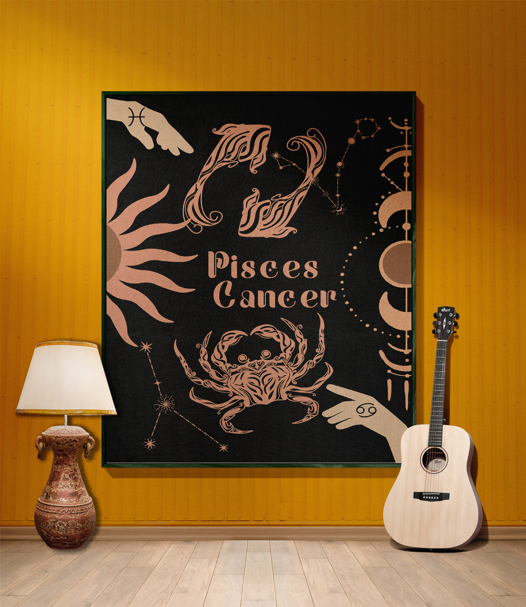 Cancer and Pisces Zodiac Compatibility Woven Throw Tapestry - Elevate home decor with this boho-inspired, celestial charm blanket. Perfect for astrology enthusiasts, featuring Cancer and Pisces sun signs, adding unique, artistic flair to your living space. Premium cotton, cozy, and decorative.