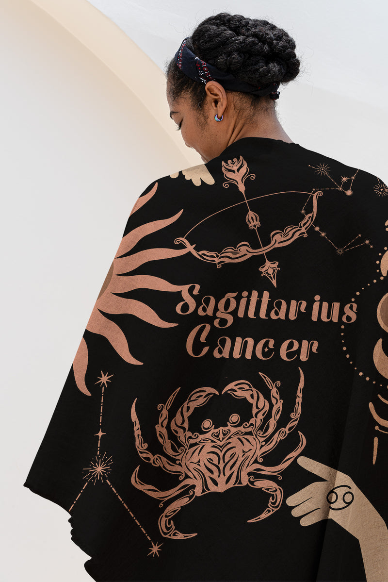 Cancer and Sagittarius Zodiac Compatibility Woven Throw Tapestry - Elevate home decor with this boho-inspired, celestial charm blanket. Perfect for astrology enthusiasts, featuring Cancer and Sagittarius sun signs, adding unique, artistic flair to your living space. Premium cotton, cozy, and decorative.