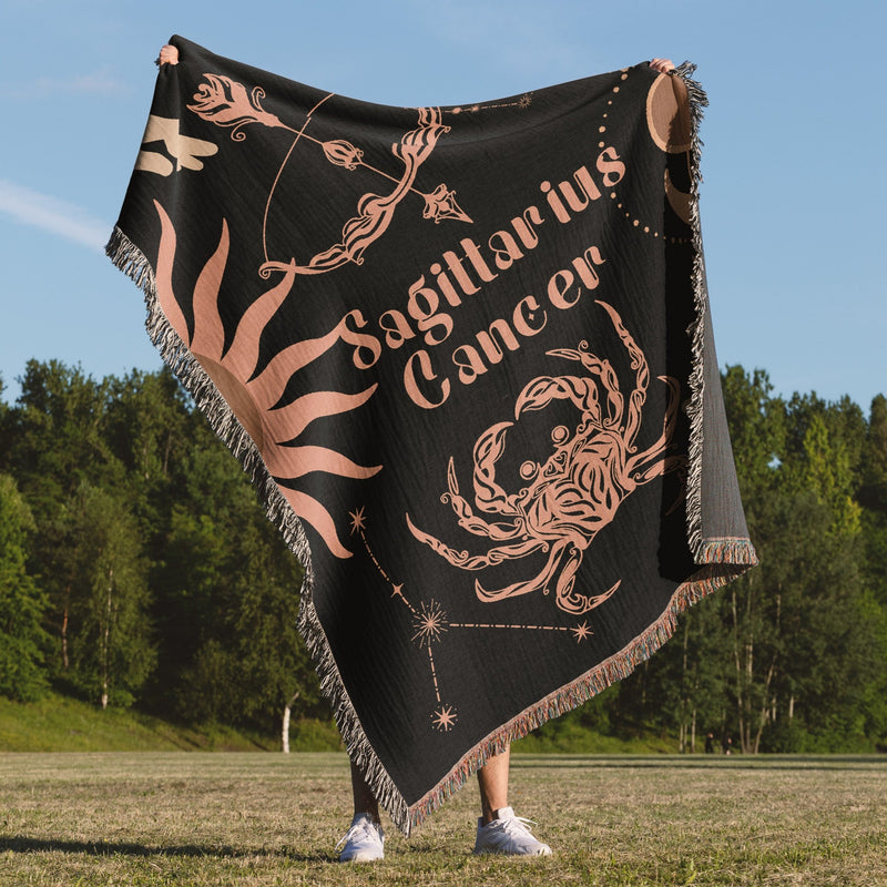 Cancer and Sagittarius Zodiac Compatibility Woven Throw Tapestry - Elevate home decor with this boho-inspired, celestial charm blanket. Perfect for astrology enthusiasts, featuring Cancer and Sagittarius sun signs, adding unique, artistic flair to your living space. Premium cotton, cozy, and decorative.