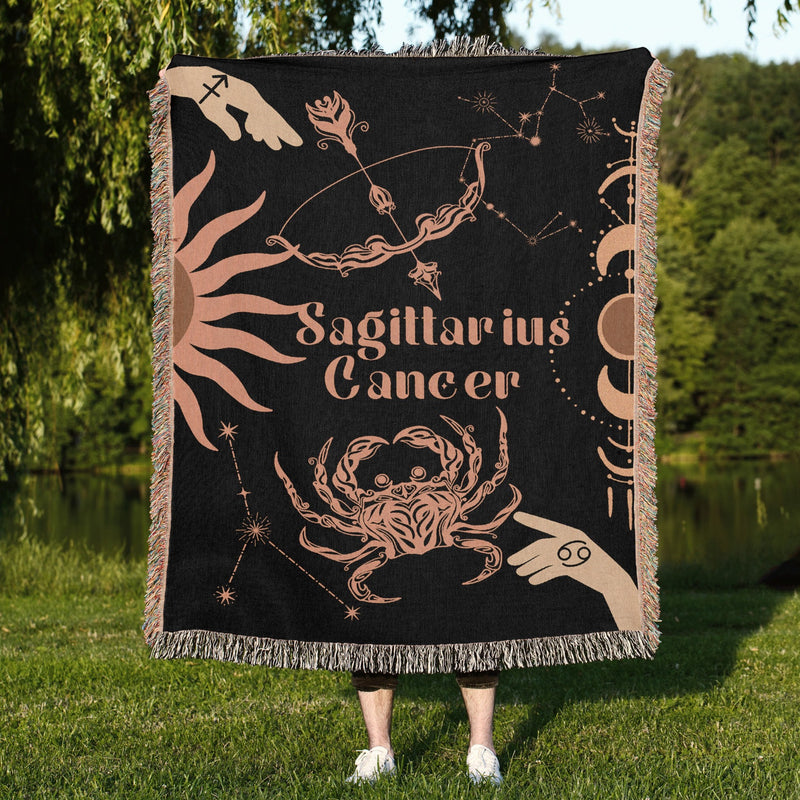 Cancer and Sagittarius Zodiac Compatibility Woven Throw Tapestry - Elevate home decor with this boho-inspired, celestial charm blanket. Perfect for astrology enthusiasts, featuring Cancer and Sagittarius sun signs, adding unique, artistic flair to your living space. Premium cotton, cozy, and decorative.