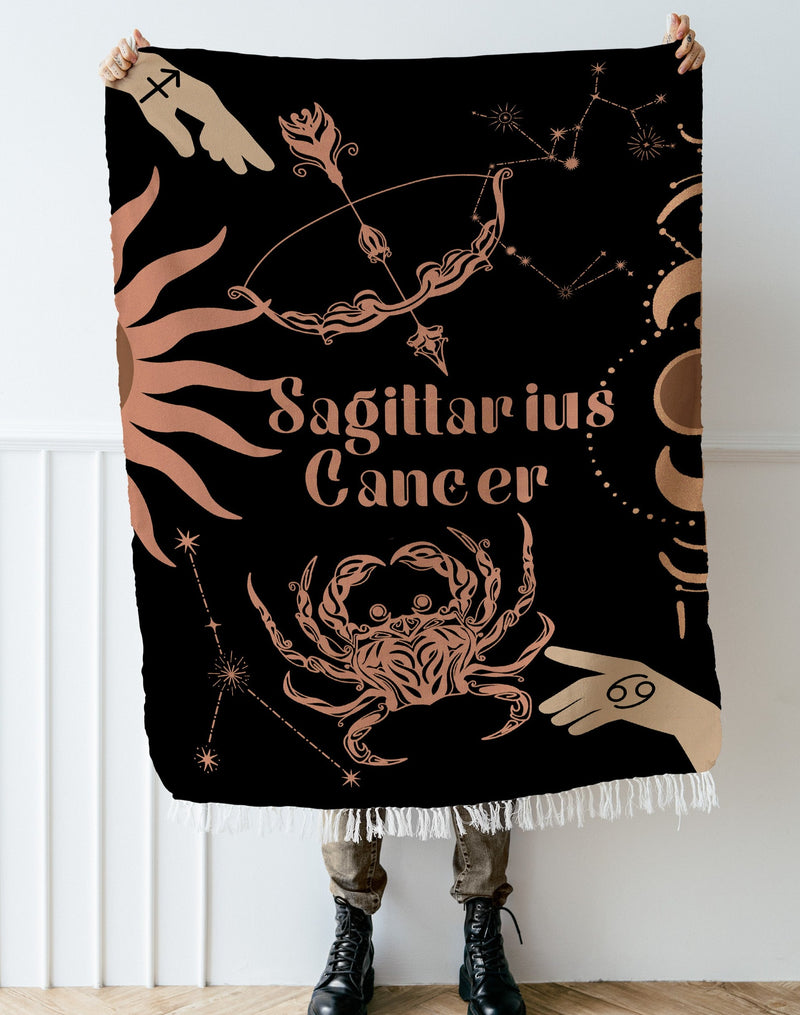 Cancer and Sagittarius Zodiac Compatibility Woven Throw Tapestry - Elevate home decor with this boho-inspired, celestial charm blanket. Perfect for astrology enthusiasts, featuring Cancer and Sagittarius sun signs, adding unique, artistic flair to your living space. Premium cotton, cozy, and decorative.