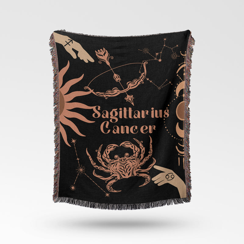 Cancer and Sagittarius Zodiac Compatibility Woven Throw Tapestry - Elevate home decor with this boho-inspired, celestial charm blanket. Perfect for astrology enthusiasts, featuring Cancer and Sagittarius sun signs, adding unique, artistic flair to your living space. Premium cotton, cozy, and decorative.