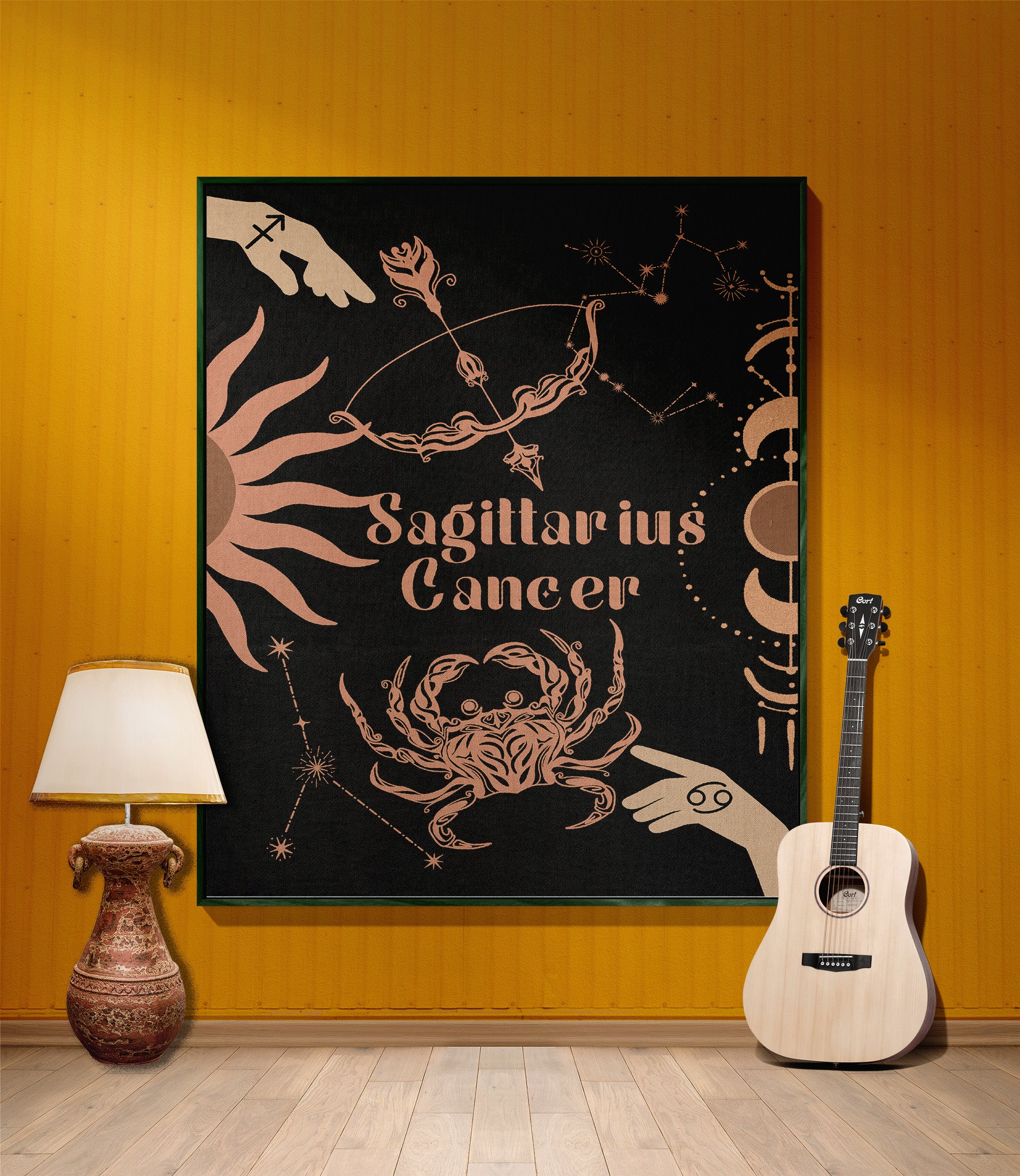 Cancer and Sagittarius Zodiac Compatibility Woven Throw Tapestry - Elevate home decor with this boho-inspired, celestial charm blanket. Perfect for astrology enthusiasts, featuring Cancer and Sagittarius sun signs, adding unique, artistic flair to your living space. Premium cotton, cozy, and decorative.