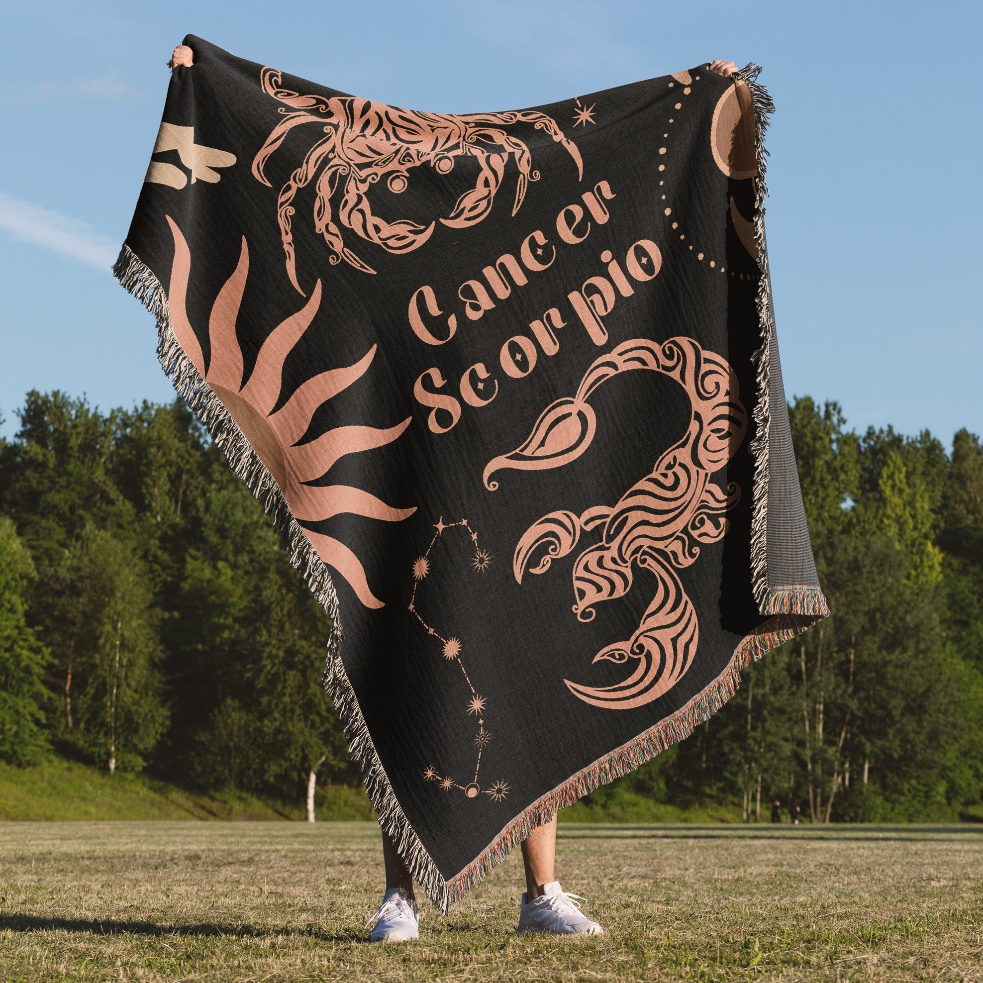 Cancer and Scorpio Zodiac Compatibility Woven Throw Tapestry - Elevate home decor with this boho-inspired, celestial charm blanket. Perfect for astrology enthusiasts, featuring Aries and Scorpio sun signs, adding unique, artistic flair to your living space. Premium cotton, cozy, and decorative.