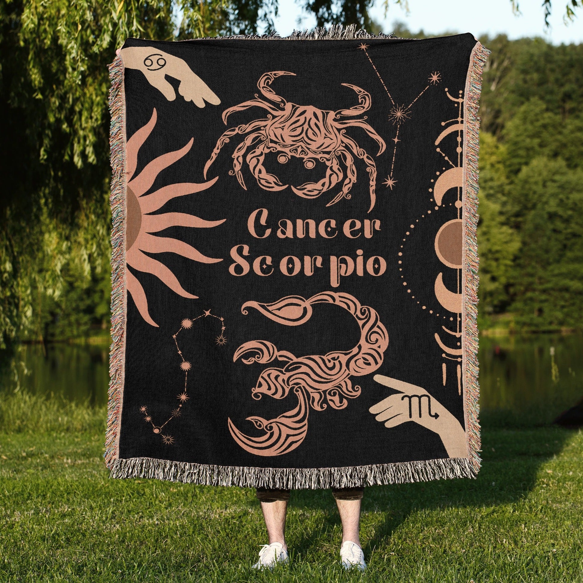 Cancer and Scorpio Zodiac Compatibility Woven Throw Tapestry - Elevate home decor with this boho-inspired, celestial charm blanket. Perfect for astrology enthusiasts, featuring Aries and Scorpio sun signs, adding unique, artistic flair to your living space. Premium cotton, cozy, and decorative.