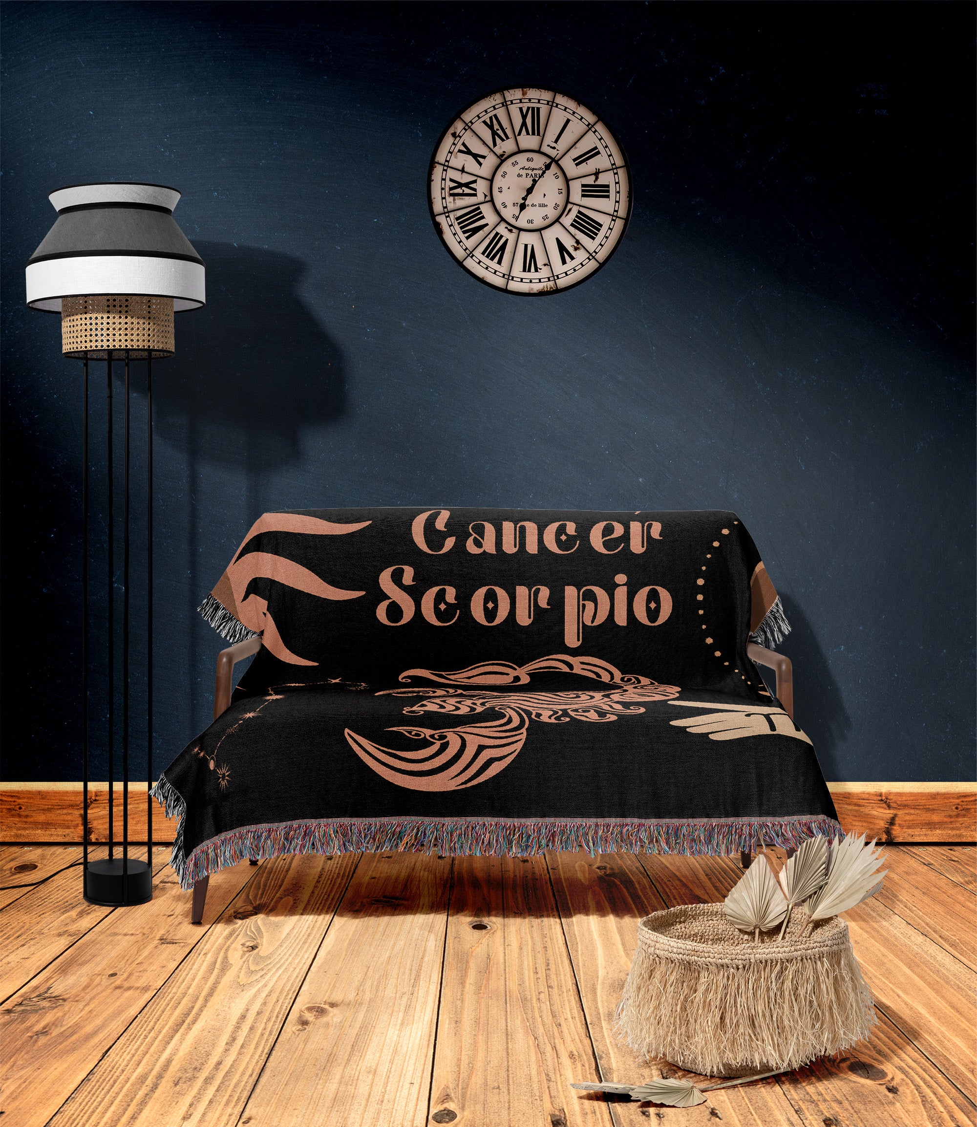 Cancer and Scorpio Zodiac Compatibility Woven Throw Tapestry - Elevate home decor with this boho-inspired, celestial charm blanket. Perfect for astrology enthusiasts, featuring Aries and Scorpio sun signs, adding unique, artistic flair to your living space. Premium cotton, cozy, and decorative.