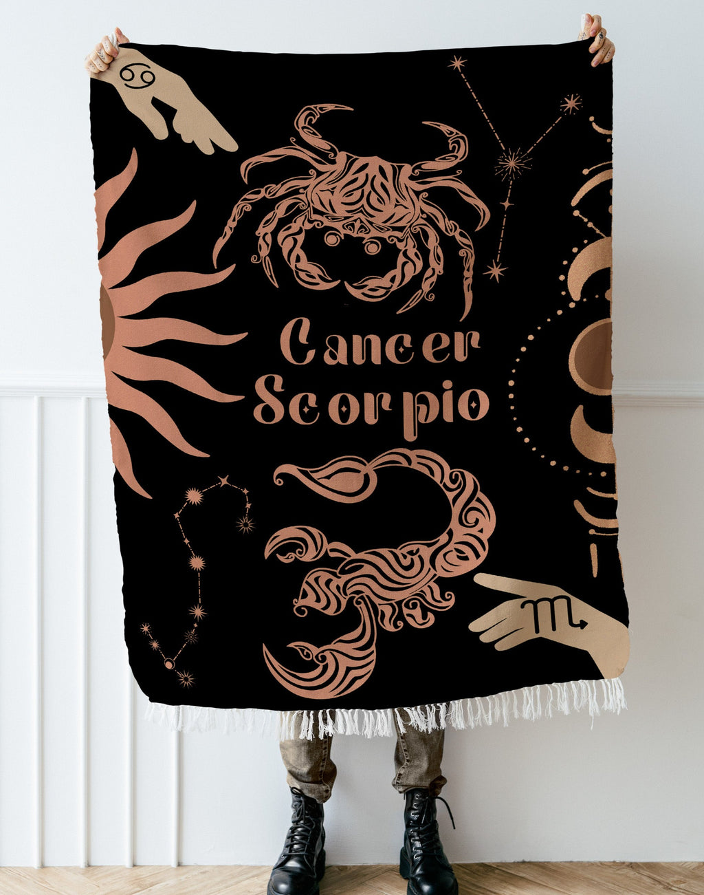 Cancer and Scorpio Zodiac Compatibility Woven Throw Tapestry - Elevate home decor with this boho-inspired, celestial charm blanket. Perfect for astrology enthusiasts, featuring Aries and Scorpio sun signs, adding unique, artistic flair to your living space. Premium cotton, cozy, and decorative.