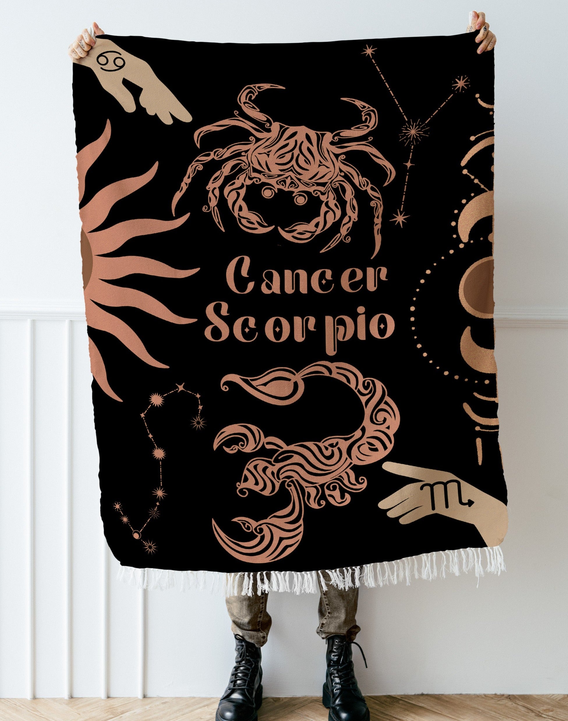 Cancer and Scorpio Zodiac Compatibility Woven Throw Tapestry - Elevate home decor with this boho-inspired, celestial charm blanket. Perfect for astrology enthusiasts, featuring Aries and Scorpio sun signs, adding unique, artistic flair to your living space. Premium cotton, cozy, and decorative.