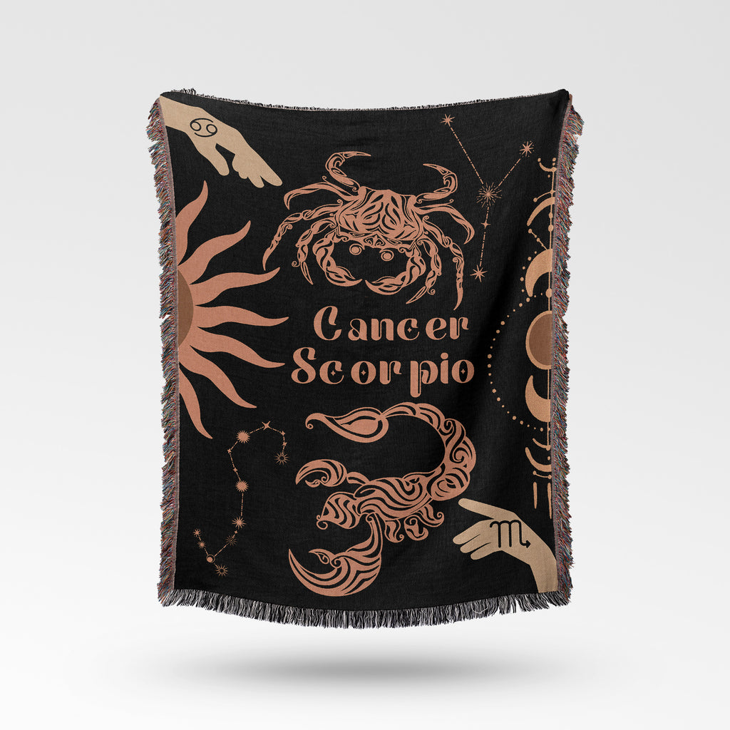 Cancer and Scorpio Zodiac Compatibility Woven Throw Tapestry - Elevate home decor with this boho-inspired, celestial charm blanket. Perfect for astrology enthusiasts, featuring Aries and Scorpio sun signs, adding unique, artistic flair to your living space. Premium cotton, cozy, and decorative.
