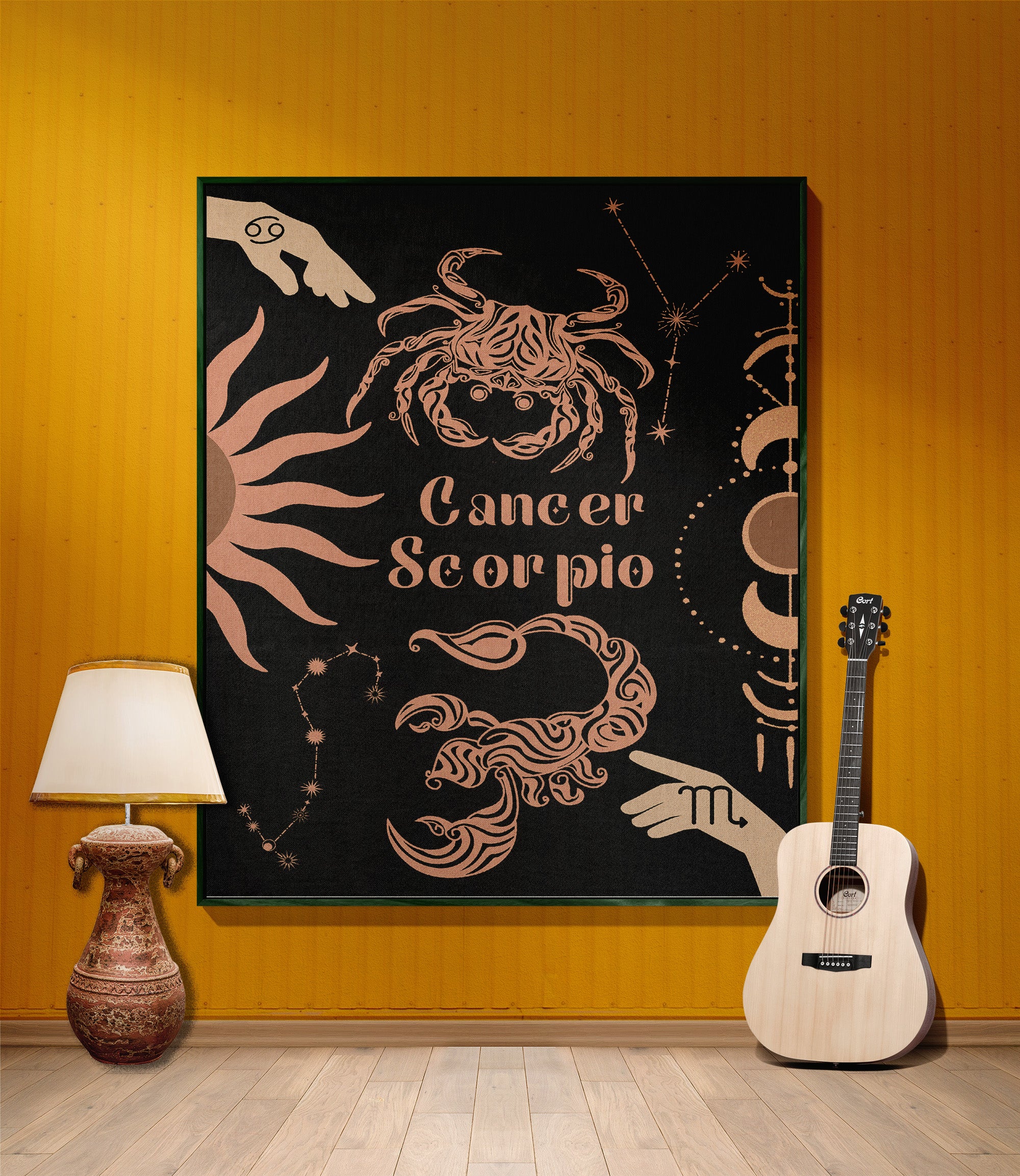 Cancer and Scorpio Zodiac Compatibility Woven Throw Tapestry - Elevate home decor with this boho-inspired, celestial charm blanket. Perfect for astrology enthusiasts, featuring Aries and Scorpio sun signs, adding unique, artistic flair to your living space. Premium cotton, cozy, and decorative.